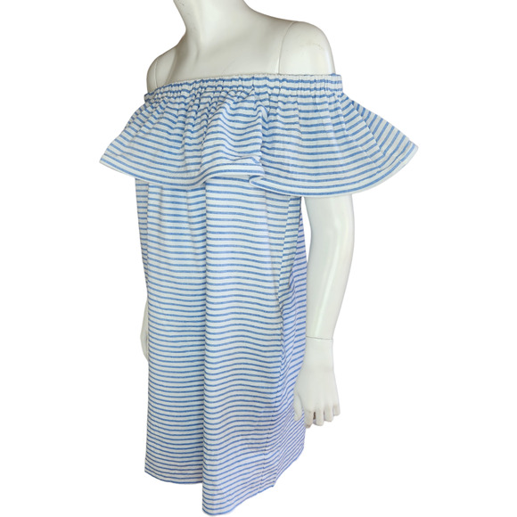 Revolve Line & Dot Dress Womens Large Lea‎ Blue White Stripe Off Shoulder Ruffle - Picture 4 of 15